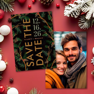 Modern Bold Holly Berries Christmas Photo Wedding Save The Date