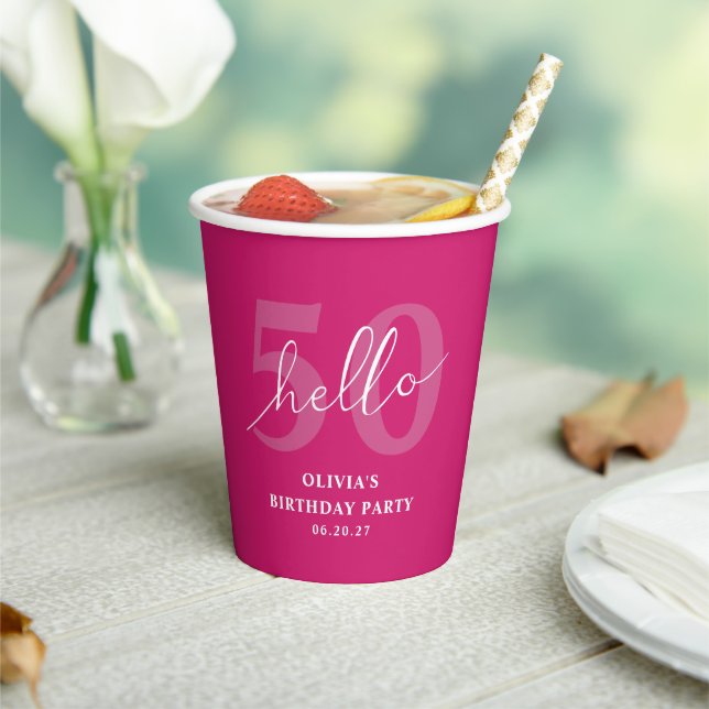Modern Bold Hot Pink 50th Birthday Custom Paper Cups (Insitu)