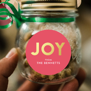 Modern Bold JOY Faux Foil Personalized Christmas Classic Round Sticker