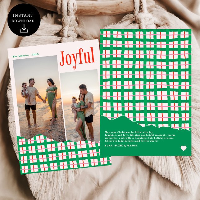 Modern Bold Joyful Family Photo Plaid Holiday Card (Creator Uploaded)