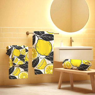 Modern Bold Lemon & Black Leaves  Seamless Pattern Bath Towel Set