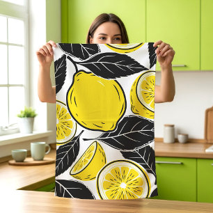 Modern Bold Lemon & Black Leaves Seamless Pattern Kitchen Towel