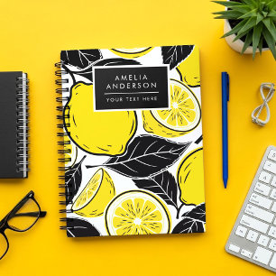 Modern Bold Lemon & Black Leaves  Seamless Pattern Notebook