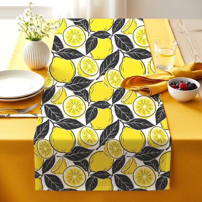 Modern Bold Lemon & Black Leaves  Seamless Pattern Short Table Runner (Creator Uploaded)