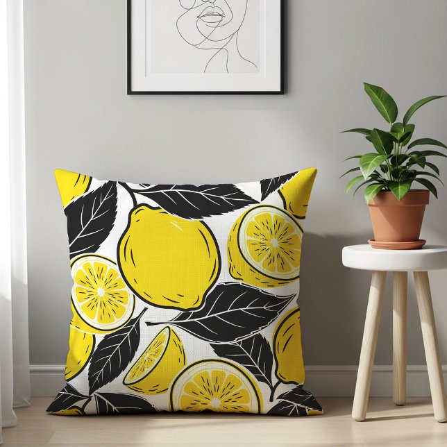 Modern Bold Lemon & Black Leaves  Seamless Pattern Throw Pillow (Creator Uploaded)