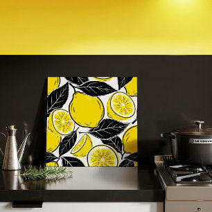 Modern Bold Lemon & Black Leaves Seamless Pattern Tile