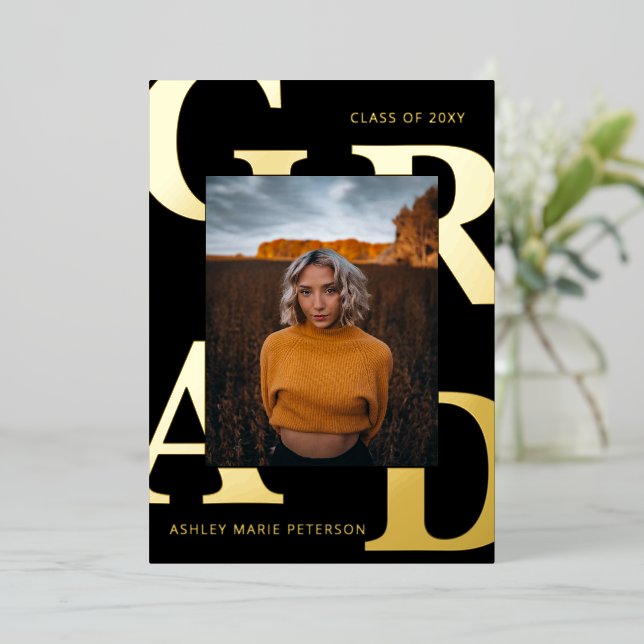 Modern Bold Letters Black Gold Photo Graduation (Standing Front)