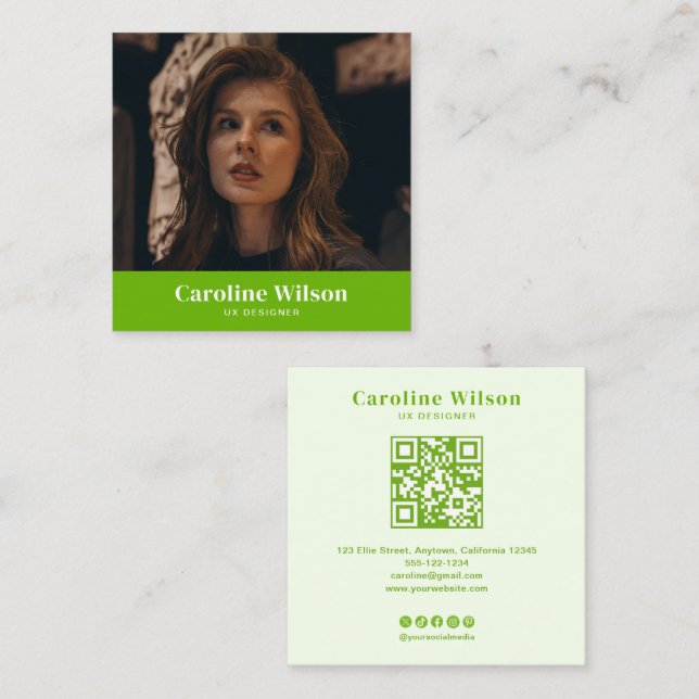Modern Bold Lime Green Professional QR Code Photo Square Business Card (Front/Back)