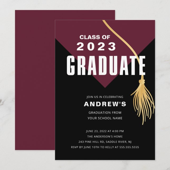 Modern Bold Maroon Cap Graduation Invitation (Front/Back)