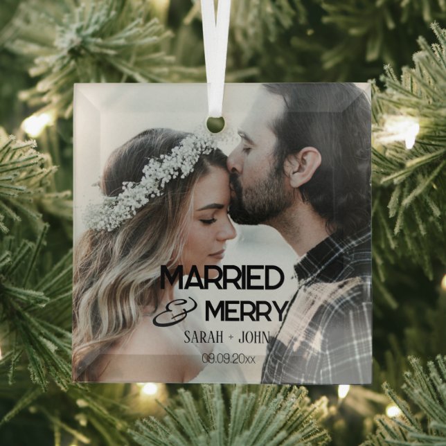 Modern Bold Married & Merry Wedding Photo Newlywed Glass Ornament (Insitu)