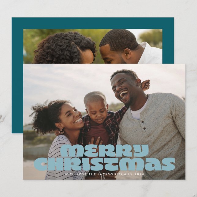 MODERN BOLD Merry Script Retro Photo Blues Holiday Card (Front/Back)