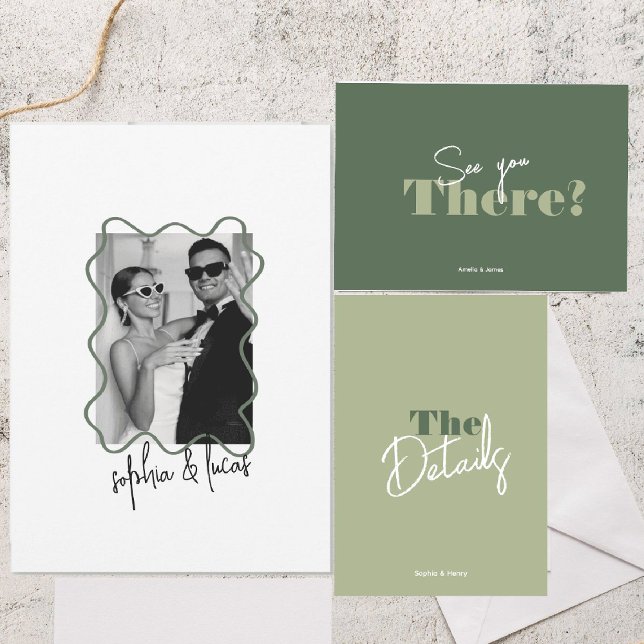 modern bold Minimal sage green Wavy Wedding Invitation (Creator Uploaded)