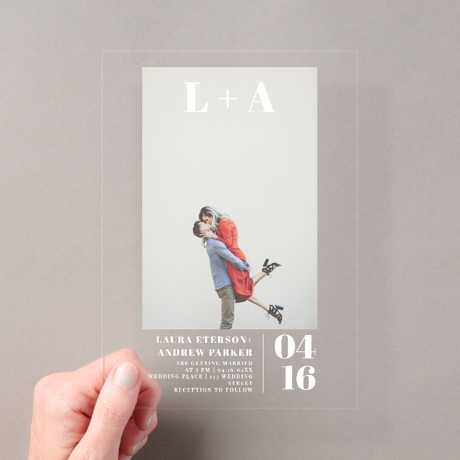 Modern bold minimalist initials photo wedding acrylic invitations (Insitu (Handheld))