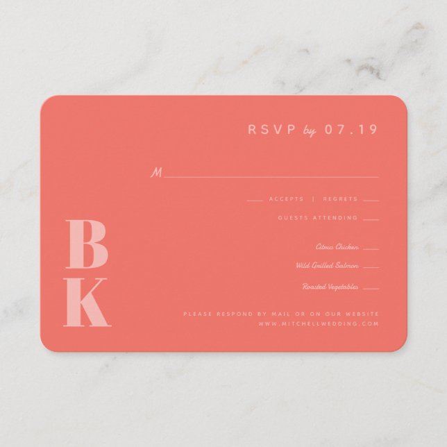 Modern Bold Monogram Coral Wedding RSVP Enclosure Card (Front)