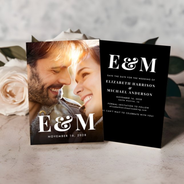 Modern Bold Monogram Initials Photo Black White Save The Date (Creator Uploaded)