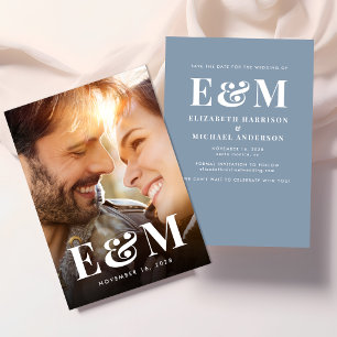 Modern Bold Monogram Initials Photo Dusty Blue Save The Date