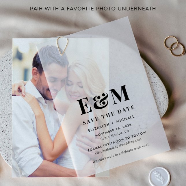 Modern Bold Monogram Save The Date  Vellum Invitations (Elevate your save the date announcements with the timeless beauty of vellum overlays)