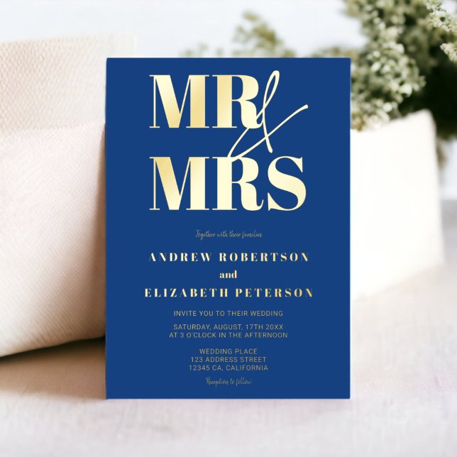 Modern bold Mr Mrs script blue photo wedding (Modern bold Mr Mrs script blue photo wedding Foil Invitation)