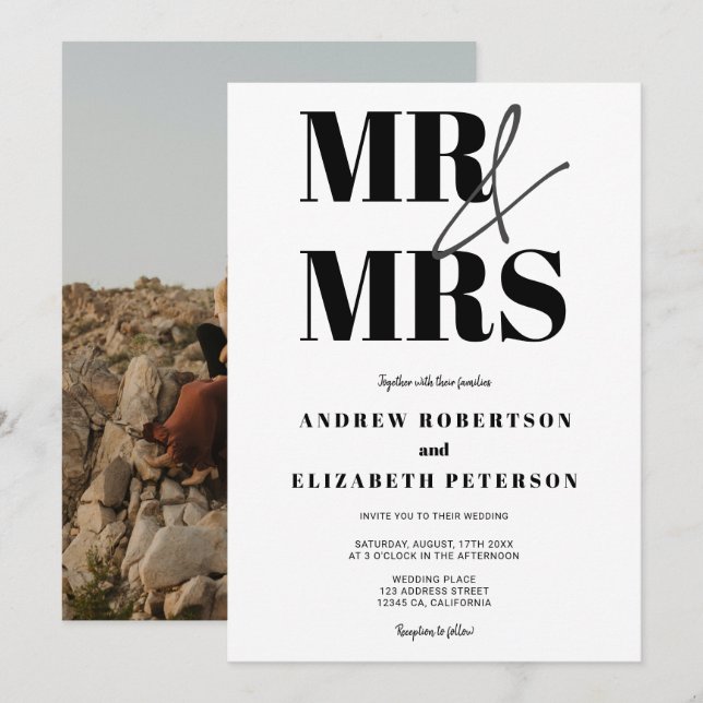 Modern bold Mr Mrs script  photo wedding Invitation (Front/Back)
