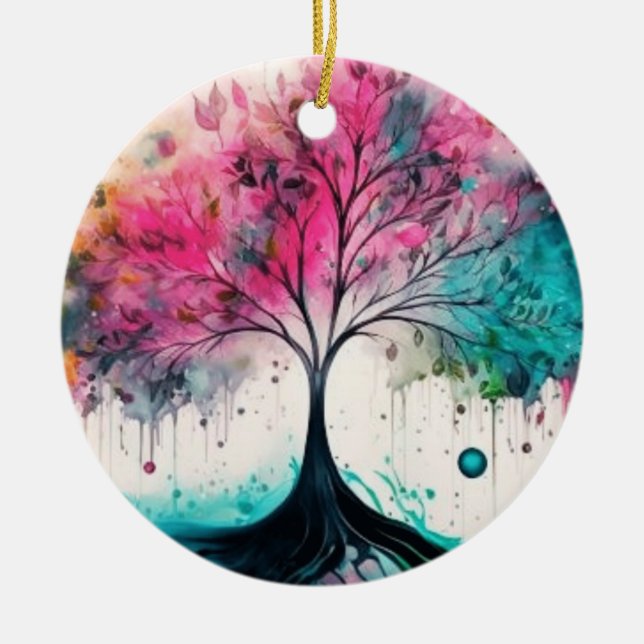 Modern & Bold Mystical Tree (blue, pink, orange) Ceramic Ornament (Front)