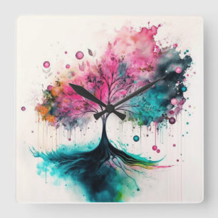 Modern & Bold Mystical Tree (blue, pink, orange) Square Wall Clock