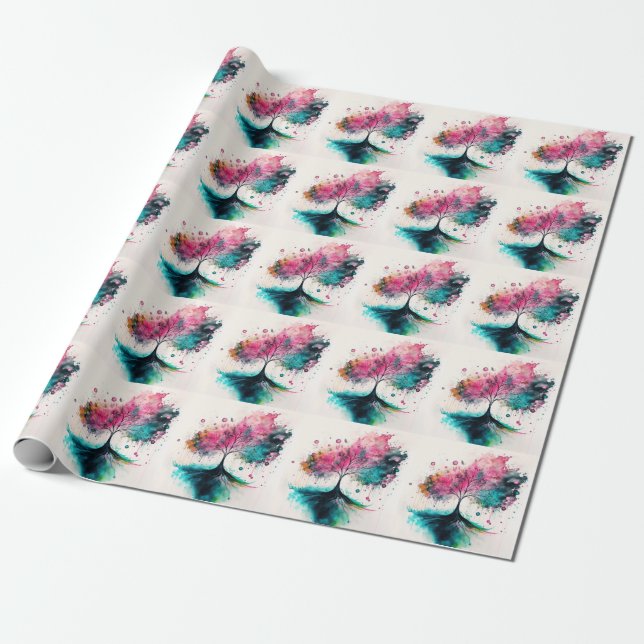 Modern & Bold Mystical Tree (blue, pink, orange) Wrapping Paper (Unrolled)
