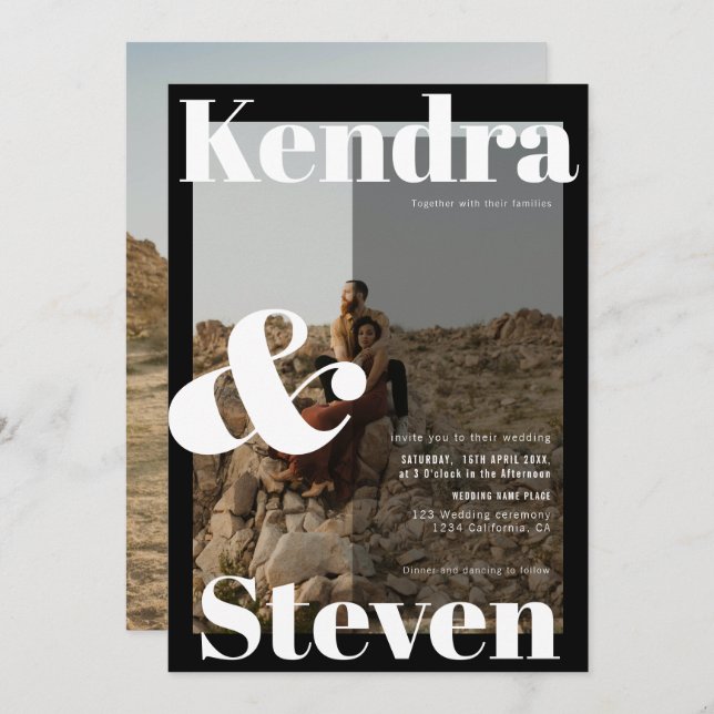 Modern bold names black white photo wedding invitation (Front/Back)