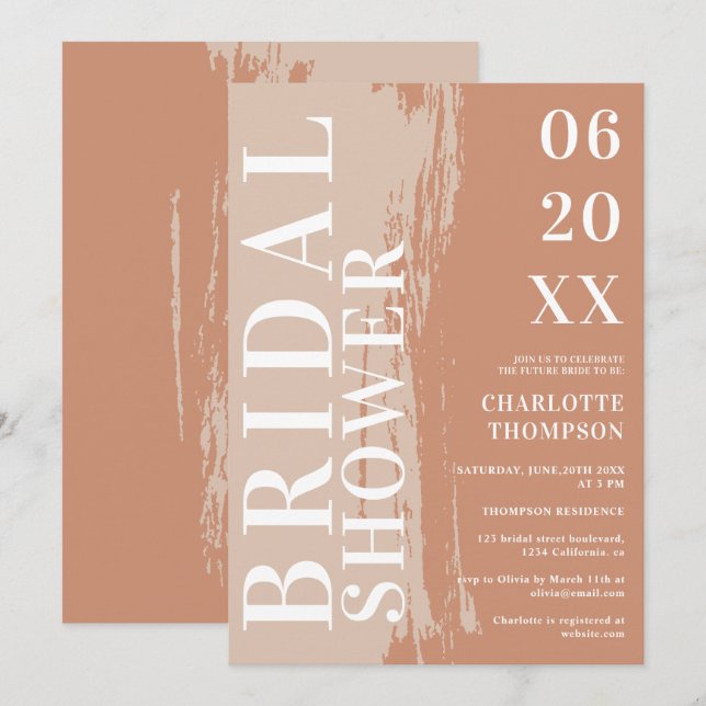 Modern bold names terracotta earth bridal shower invitation (Front/Back)