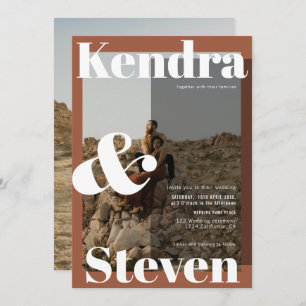 Modern bold names terracotta photo retro wedding invitation