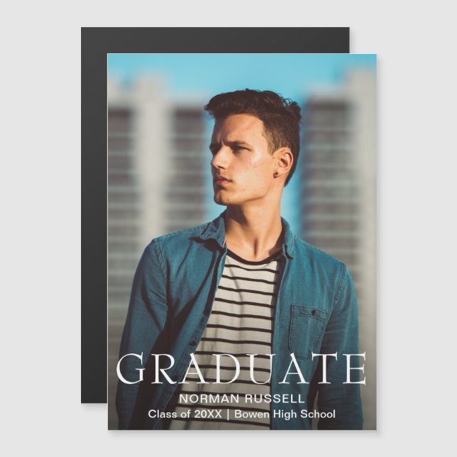 Modern Bold Navy Blue Boy Photo Graduation Magnetic Invitation (Front/Back)