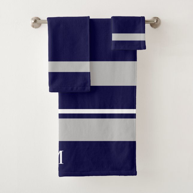 Modern Bold Navy Blue Grey Stripe Monogram Bath Towel Set (Insitu)