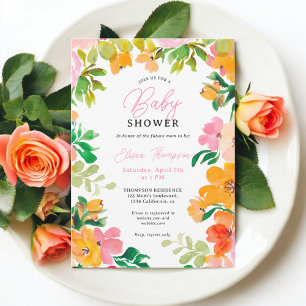 Modern bold orange floral script baby shower invitation