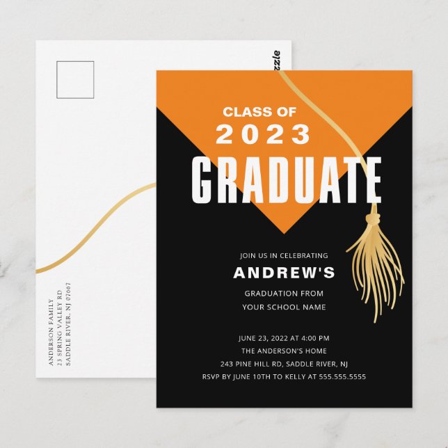 Modern Bold Orange Grad Cap Graduation Postcard (Front/Back)
