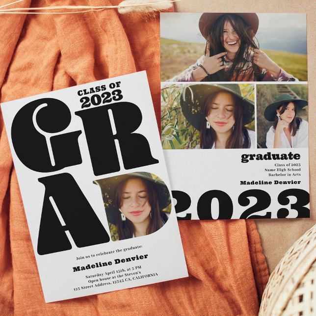 Modern bold oversized Grad 4 photo 2023 graduation Invitation (Creator Uploaded)