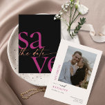 Modern Bold Photo Magenta Melon Black Save The Date<br><div class="desc">These 5" x 7" save the date cards feature a minimalist design in vibrant melon and magenta letters on a black background with placeholders on the back for the engaged couple names,  wedding date,  and venue information and your favourite photo!</div>