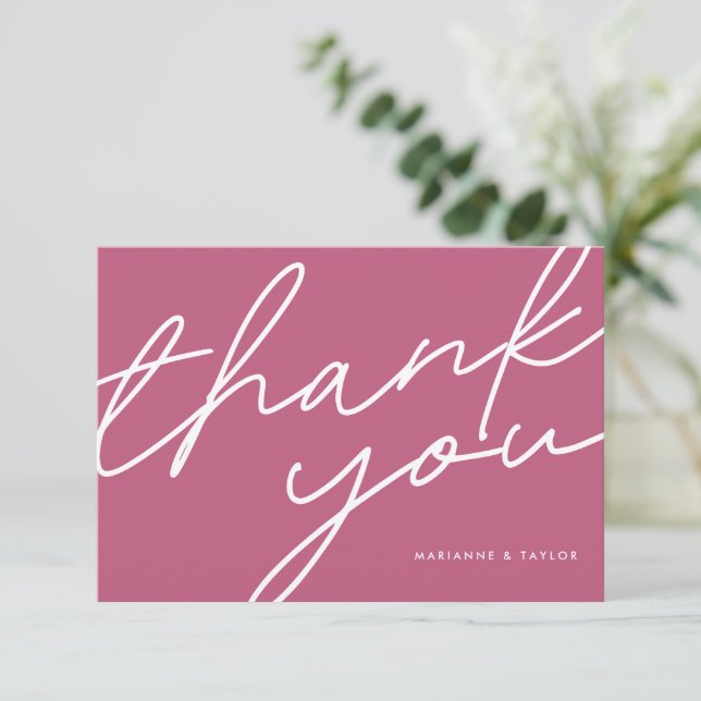 Modern Bold Pink Calligraphy Wedding Photo Thank You Card (Standing Front)