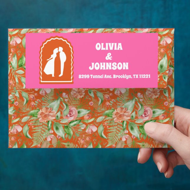 Modern Bold Pink Orange Floral Arch Wedding Envelope (Hand)
