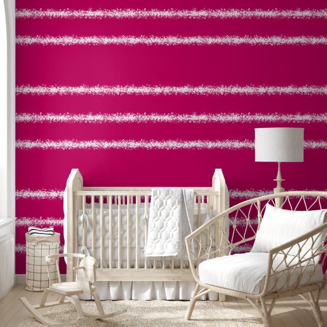 modern Bold Pink  White Splatter Stripes Pattern Wallpaper (Kids)
