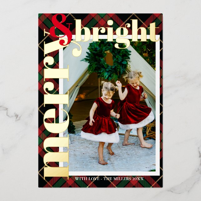 Modern Bold Plaid Merry & Bright Family Photo Foil Holiday Card (Front)