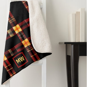 Modern bold plaid red, brown yellow monogram sherpa blanket