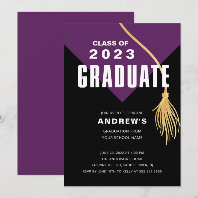 Modern Bold Purple Cap Graduation Invitation (Front/Back)