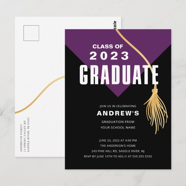 Modern Bold Purple Grad Cap Graduation Postcard (Front/Back)
