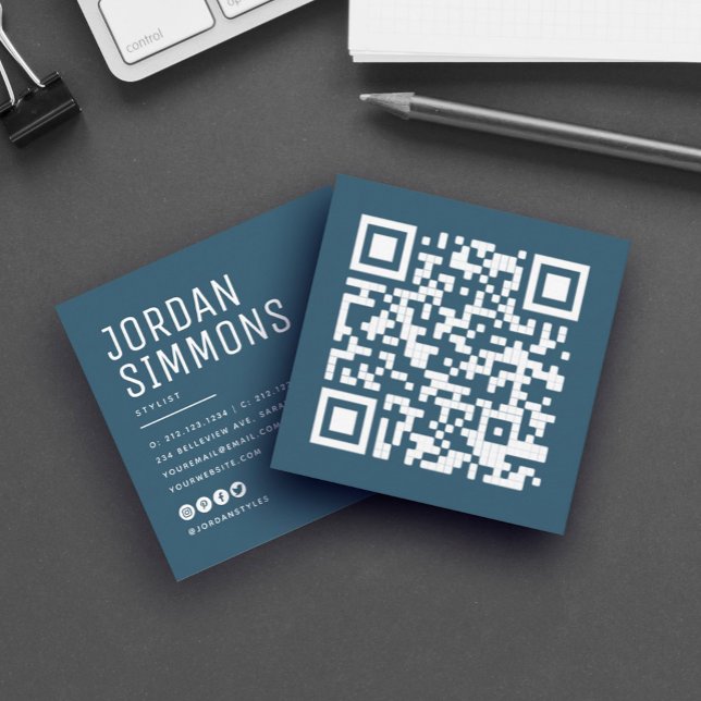Modern Bold QR code Simple Stylish Blue Square Business Card (Creator Uploaded)