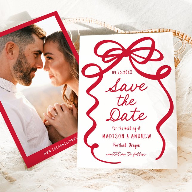 Modern Bold Red Bow Photo Wedding Save The Date (Creator Uploaded)