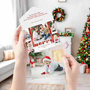 Modern Bold Red Merry Typography 5-Photo  All In One Invitation