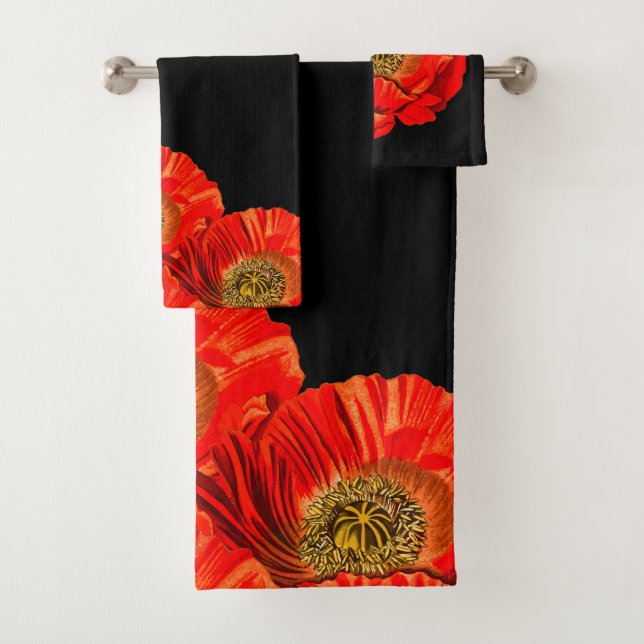 Modern Bold Red Poppy Flowers Bath Towel Set (Insitu)