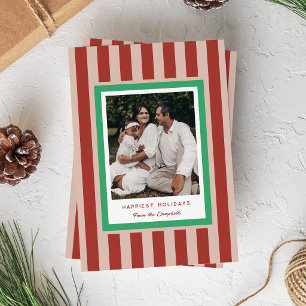 Modern Bold Red Stripes and Green Christmas Photo Holiday Card