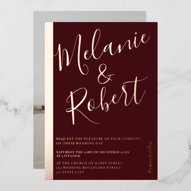 Modern bold red wedding photo rose gold stripe (Front/Back)