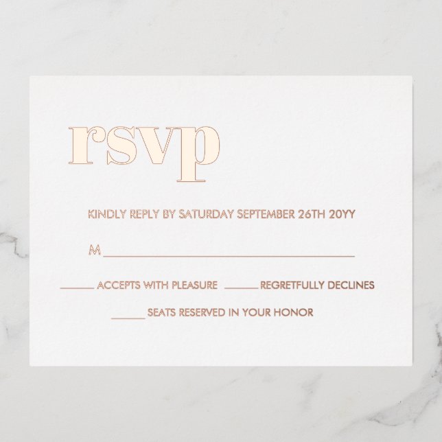 Modern Bold Retro Lettering REAL Rose Gold RSVP Foil Invitation Postcard (Front)