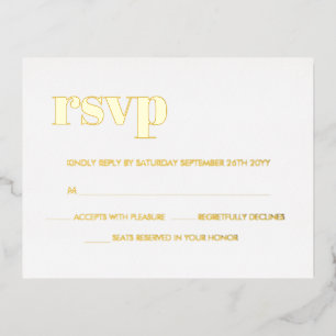 Modern Bold Retro Lettering White REAL Gold RSVP Foil Invitation Postcard
